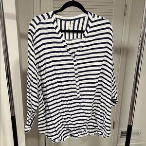Striped Navy and White Women's Button Henley Top